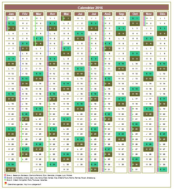 Calendrier 2016 annuel de 12 colonnes, avec agenda synthétique