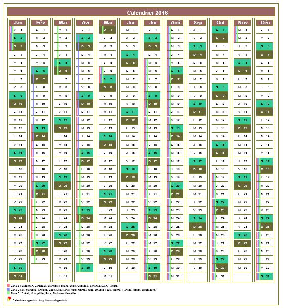 Calendrier 2016 annuel de 12 colonnes, avec agenda synthétique