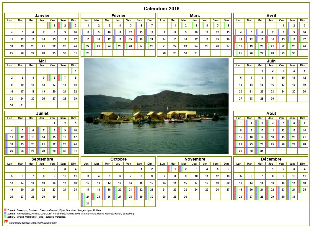 Calendrier 2016annuel avec photo, agenda synthétique, format paysage, sous-main ou mural