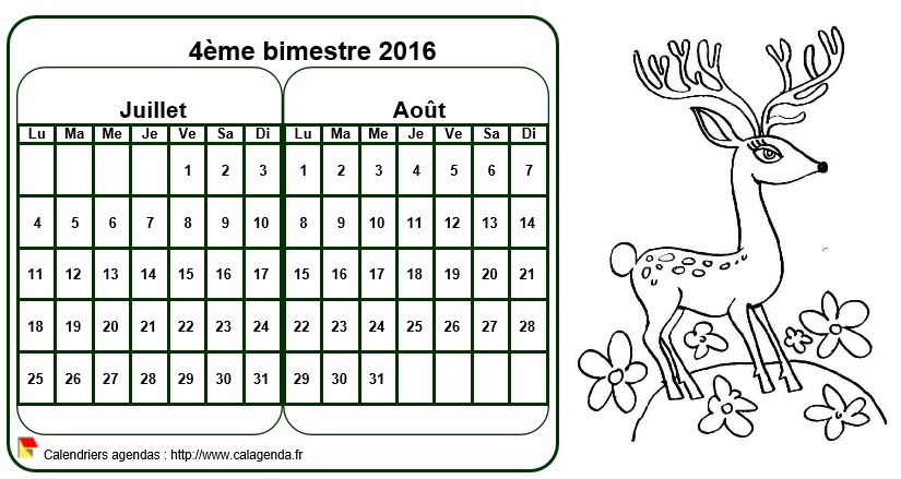 Calendrier 2016 à colorier bimestriel, format paysage, pour enfants