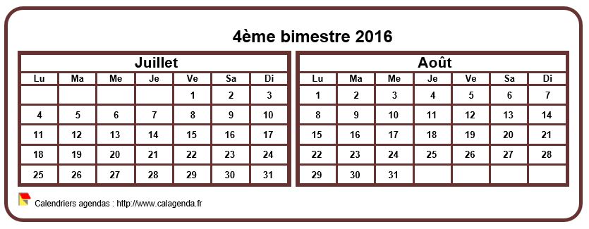 Calendrier 2016 à imprimer bimestriel, format mini de poche, horizontal, fond blanc Calendrier 2016 à imprimer bimestriel, format mini de poche, horizontal, fond blanc