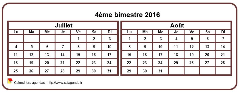 Calendrier 2016 à imprimer bimestriel, format mini de poche, horizontal, fond blanc