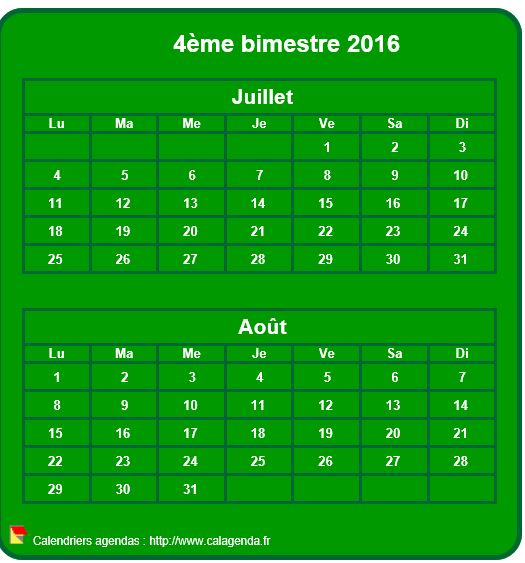 Calendrier 2016 à imprimer bimestriel, format mini de poche, vertical, fond vert