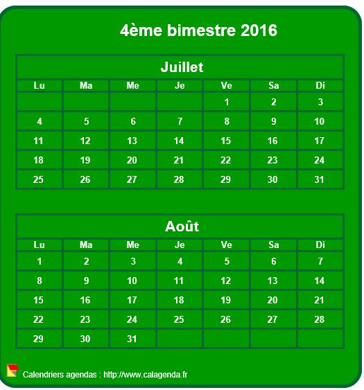 Calendrier 2016 à imprimer bimestriel, format mini de poche, vertical, fond vert Calendrier 2016 à imprimer bimestriel, format mini de poche, vertical, fond vert