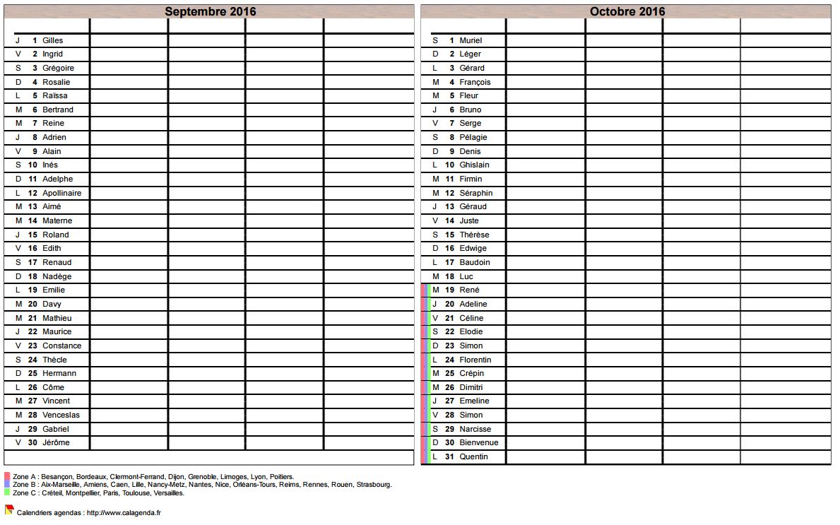 Calendrier 2016 planning bimestriel vierge, format portrait, 4 colonnes, avec les fêtes