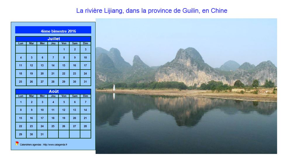 Calendrier 2016 décoratif à imprimer, bimestriel, format paysage, avec photo à droite