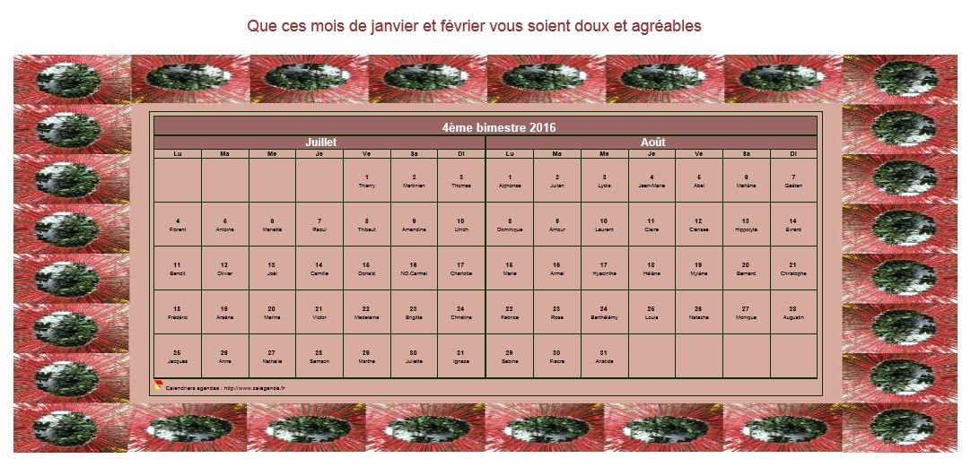 Calendrier 2016 à imprimer bimestriel décoratif, format paysage, avec cadre photo