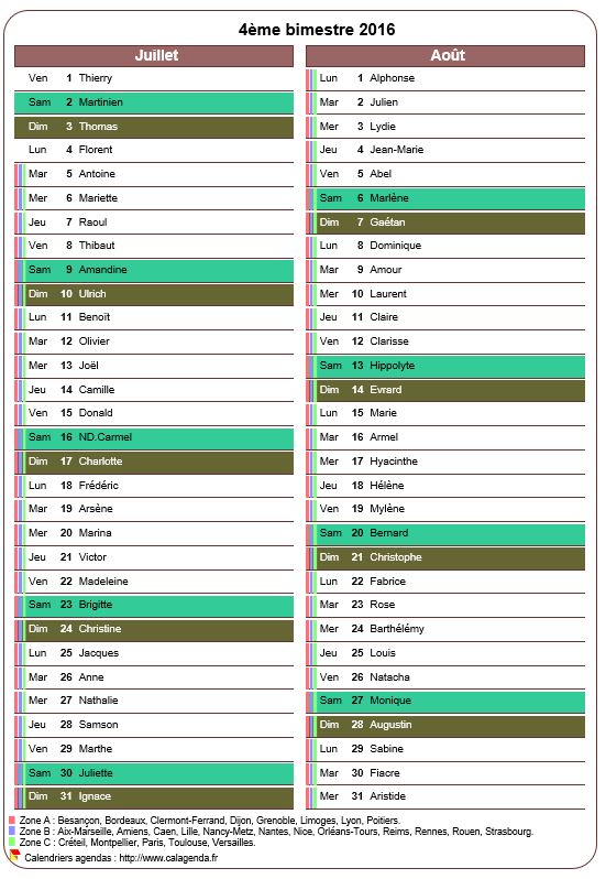 Calendrier 2016 bimestriel avec agenda détaillé, format portrait, une colonne par mois Calendrier 2016 bimestriel avec agenda détaillé, format portrait, une colonne par mois