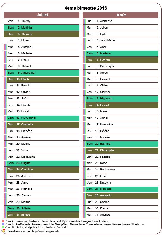 Calendrier 2016 bimestriel avec agenda détaillé, format portrait, une colonne par mois