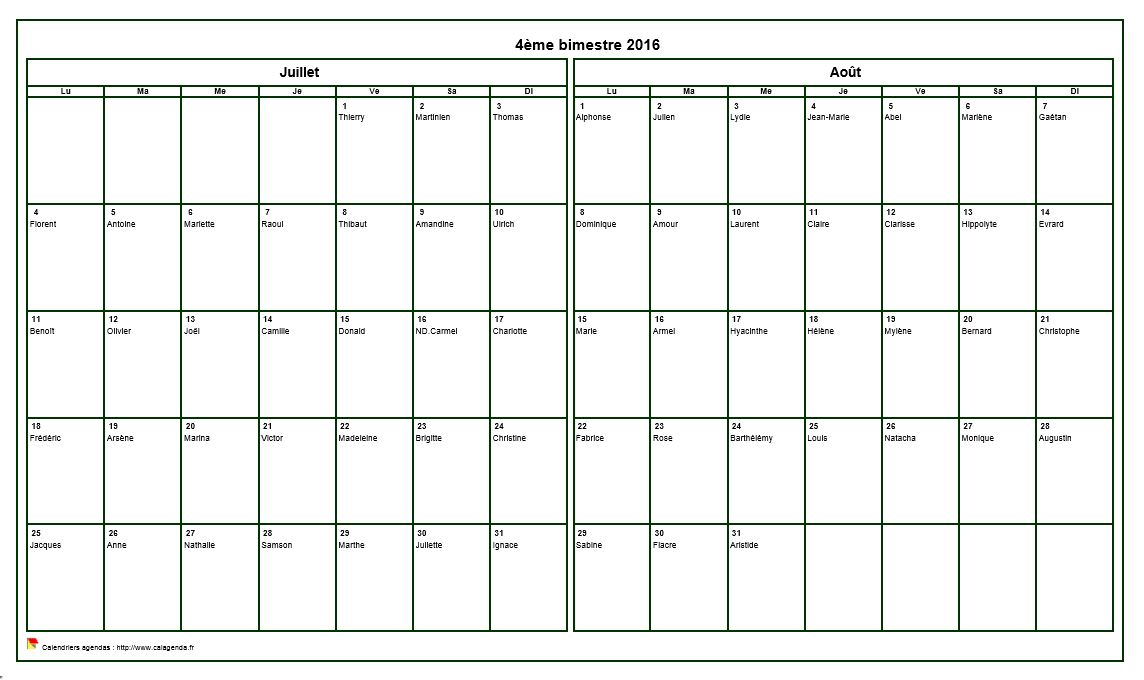 Calendrier 2016 bimestriel, format paysage, avec les fêtes Calendrier 2016 bimestriel, format paysage, avec les fêtes