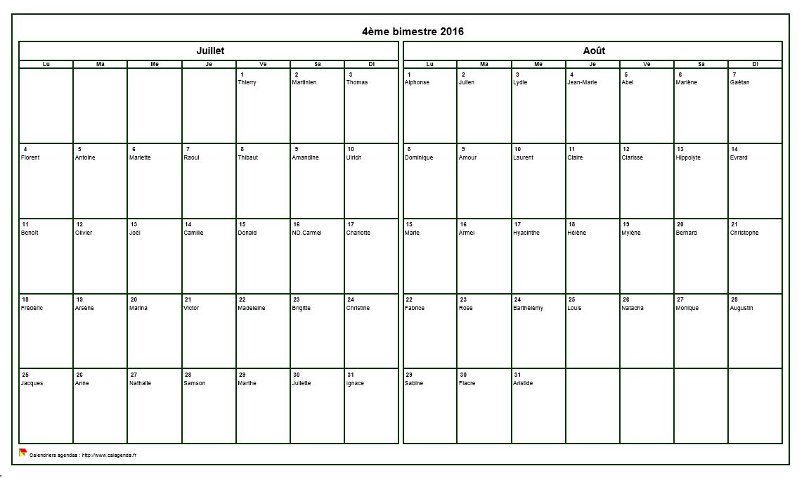 Calendrier 2016 bimestriel, format paysage, avec les fêtes