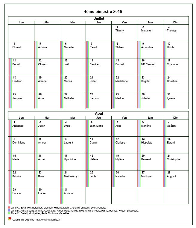 Calendrier 2016 bimestriel, format portrait, avec les fêtes et les vacances scolaires