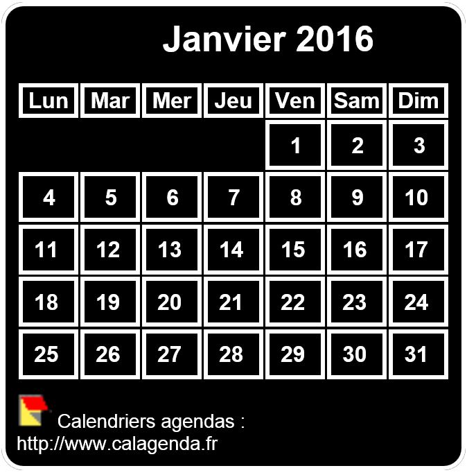 Calendrier mensuel 2016 à imprimer, fond noir, taille mini, format poche, spécial portefeuille