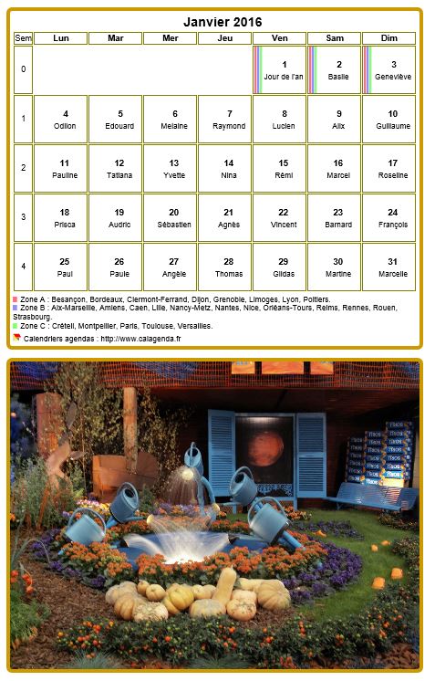 Calendrier mensuel 2016 à imprimer, avec photographie au dessous