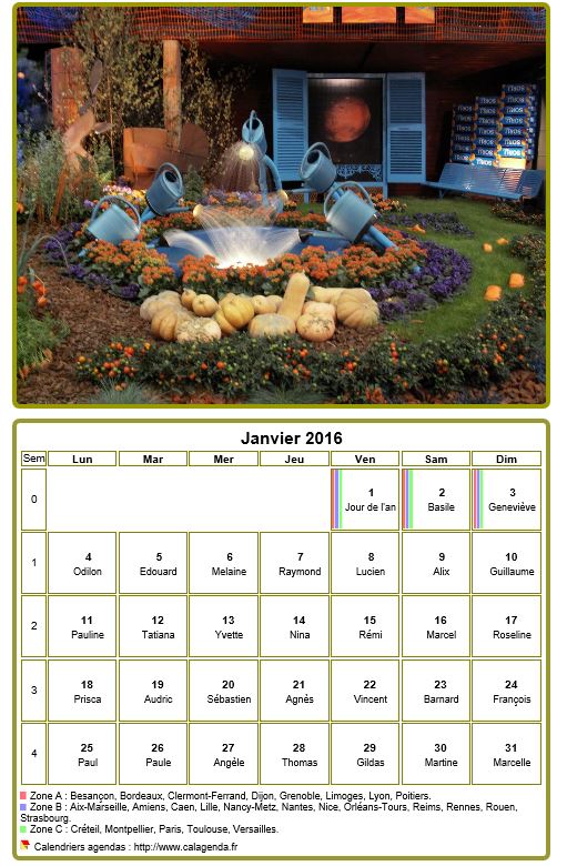 Calendrier 2016 à imprimer, mensuel, avec photographie au dessus