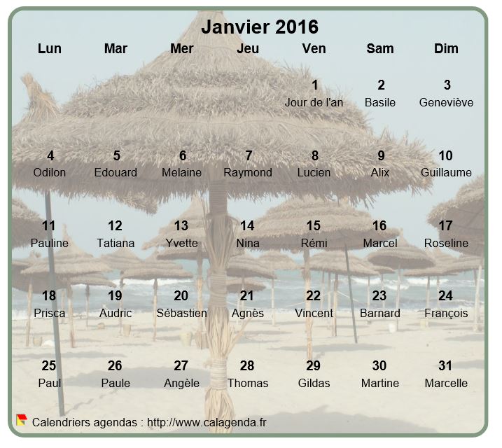 Calendrier mensuel 2016 à imprimer, en transparence sur une photo
