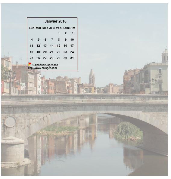 Calendrier mensuel 2016 à imprimer, incrusté en haut à gauche d'une photo