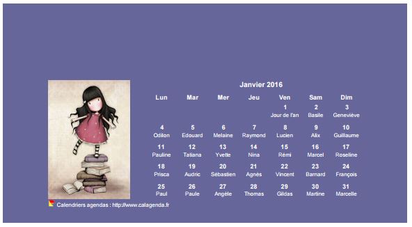 Calendrier mensuel 2016 Gorjuss