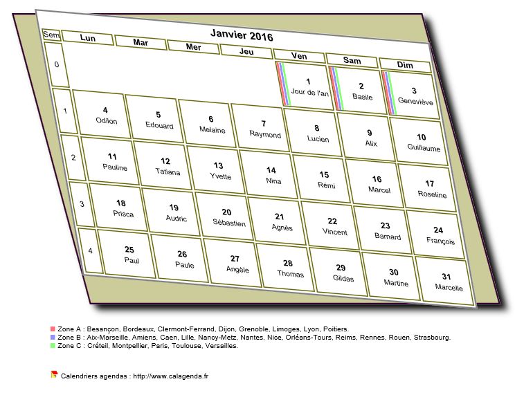 Calendrier mensuel 2016 à imprimer, style 3D