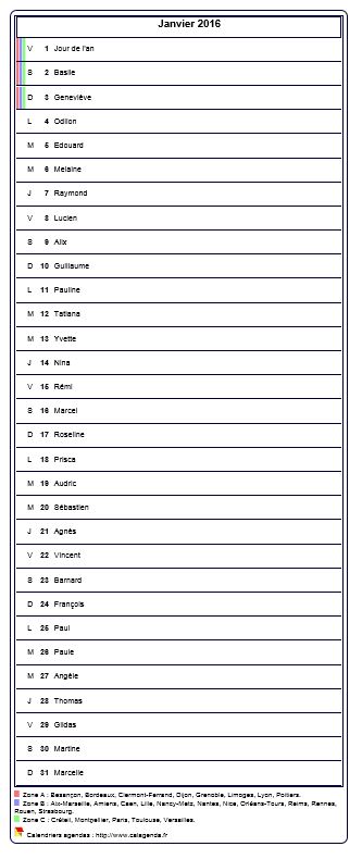 Calendrier mensuel 2016, agenda détaillé, format portrait, avec les fêtes