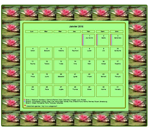 Calendrier 2016 agenda décoratif mensuel, cadre avec motifs nénuphars