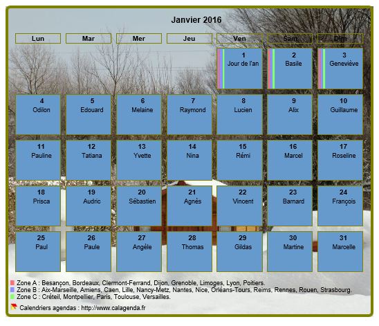 Calendrier 2016 agenda mensuel artistique avec photo et légende, paysage hivernal