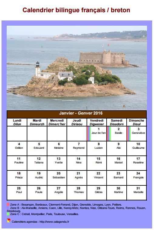 Calendrier mensuel 2016 breton