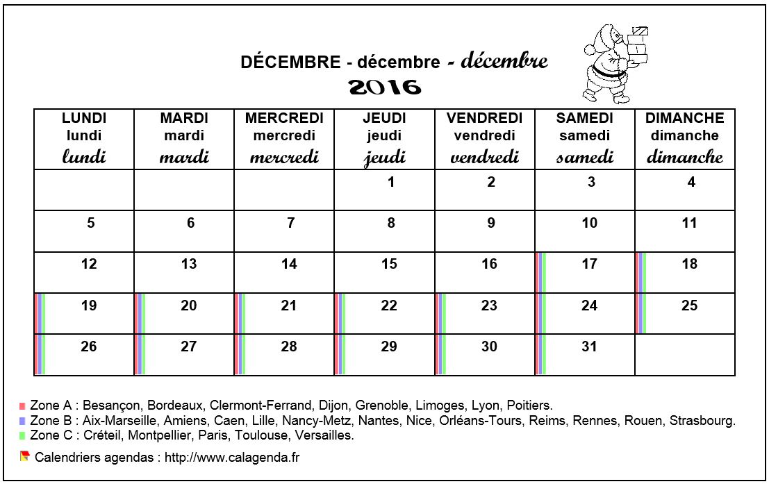 Calendrier mensuel 2016 école primaire et maternelle