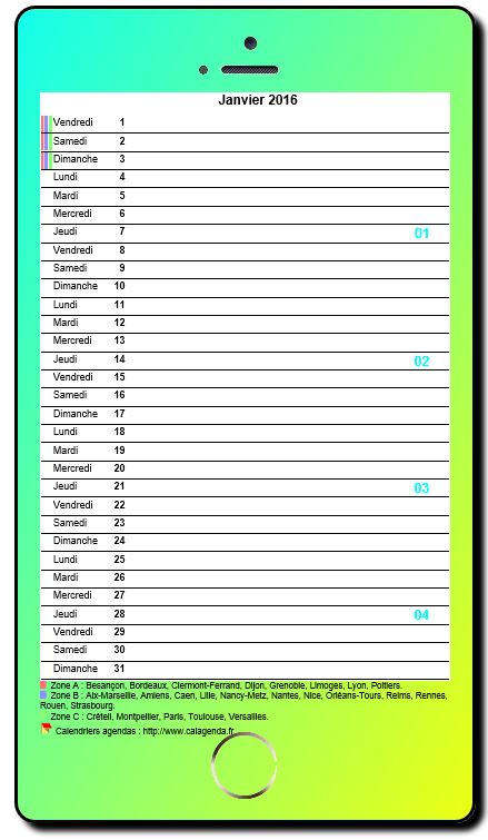 Calendrier mensuel 2016, style iPhone