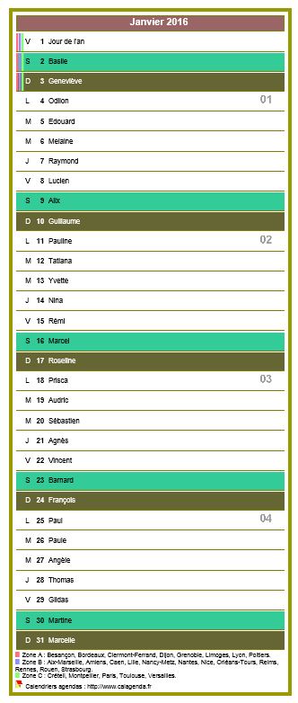 Calendrier mensuel 2016 en colonne