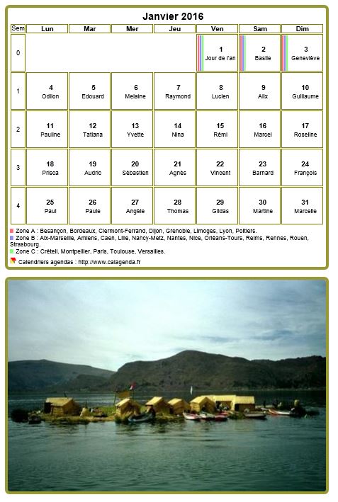 Calendrier mensuel 2016, tableau avec photo