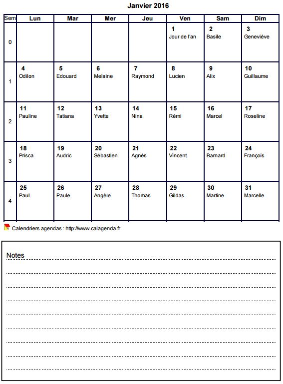 Calendrier mensuel 2016 avec notes