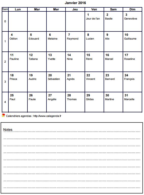 Calendrier mensuel 2016 avec notes