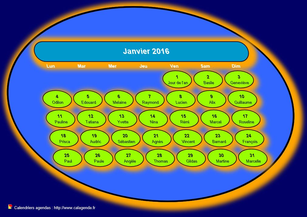 Calendrier mensuel 2016 style soucoupe volante