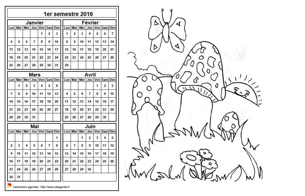 Calendrier 2016 à colorier semestriel, format paysage, pour enfants