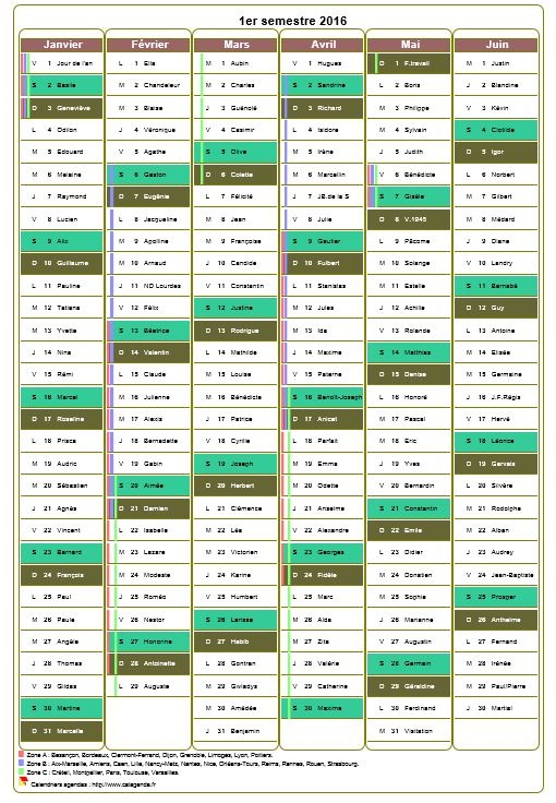 Calendrier 2016 à imprimer, semestriel, avec les fêtes, format portrait, une colonne par mois