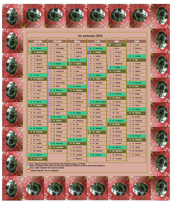 Calendrier 2016 semestriel décoratif à imprimer, avec cadre photo, format portrait, une colonne par mois