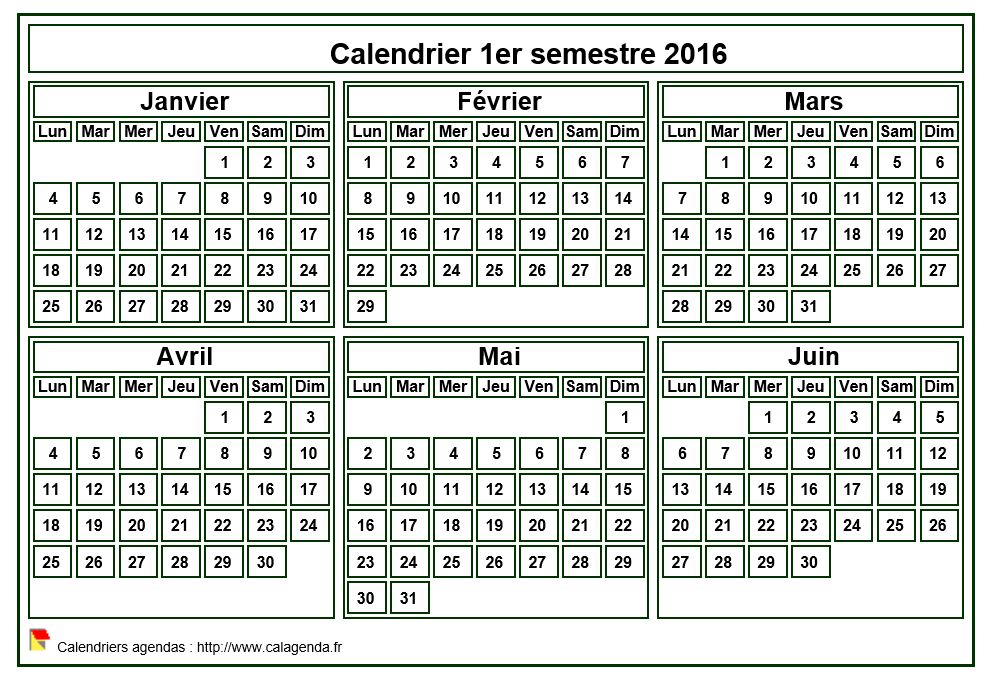 Calendrier 2016 à imprimer, semestriel, format mini de poche, fond blanc Calendrier 2016 à imprimer, semestriel, format mini de poche, fond blanc