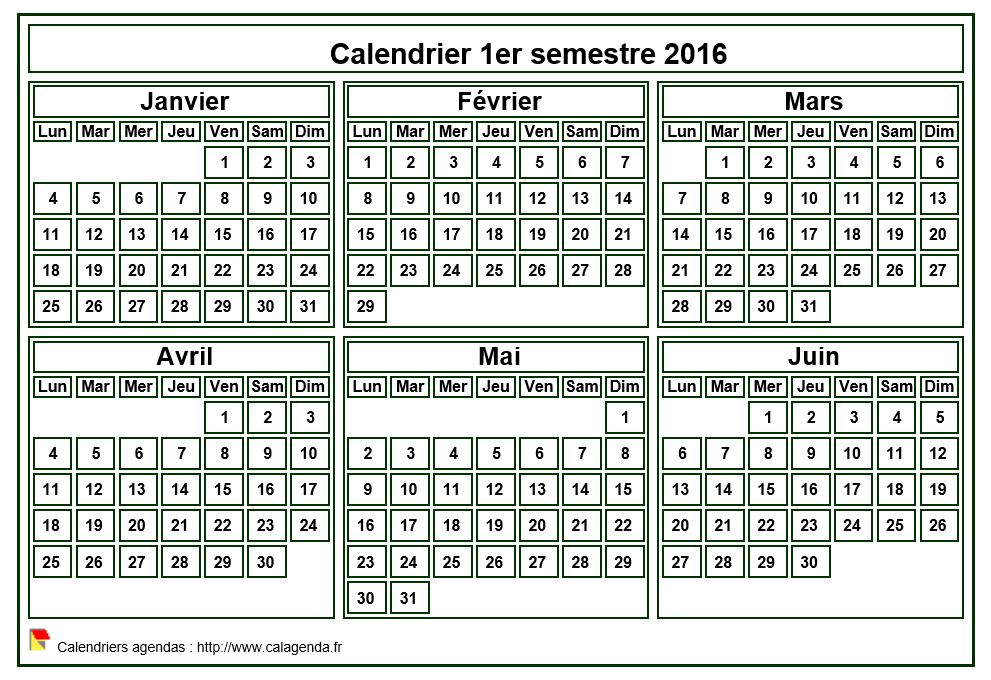 Calendrier 2016 à imprimer, semestriel, format mini de poche, fond blanc