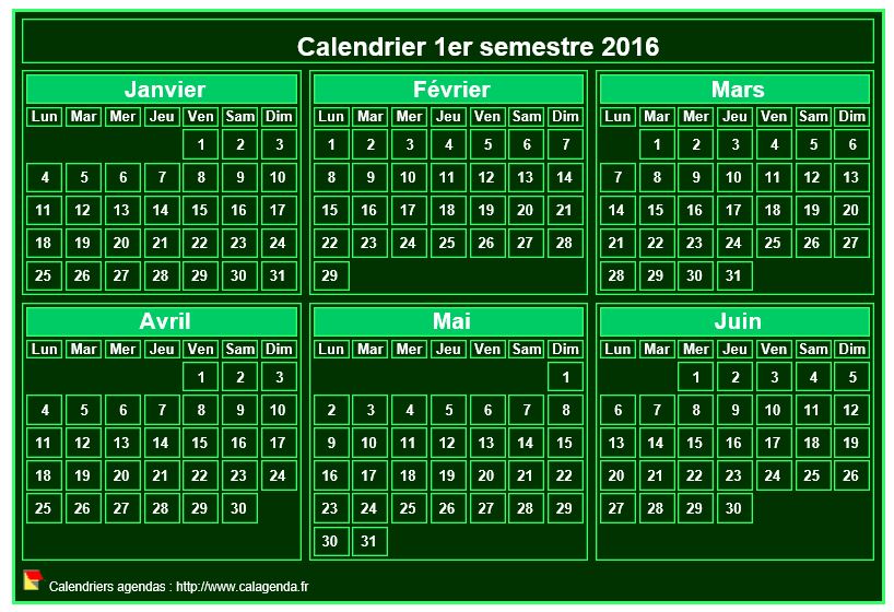 Calendrier 2016 à imprimer, semestriel, format mini de poche, fond vert