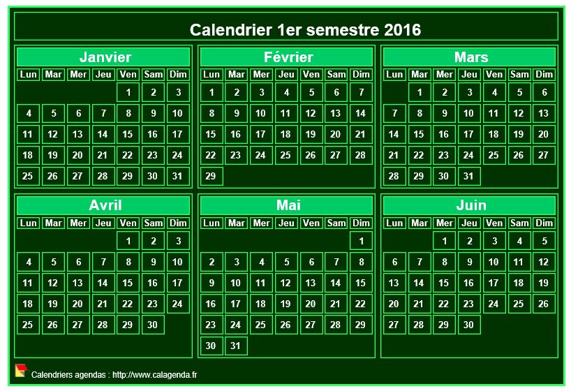 Calendrier 2016 à imprimer, semestriel, format mini de poche, fond vert Calendrier 2016 à imprimer, semestriel, format mini de poche, fond vert