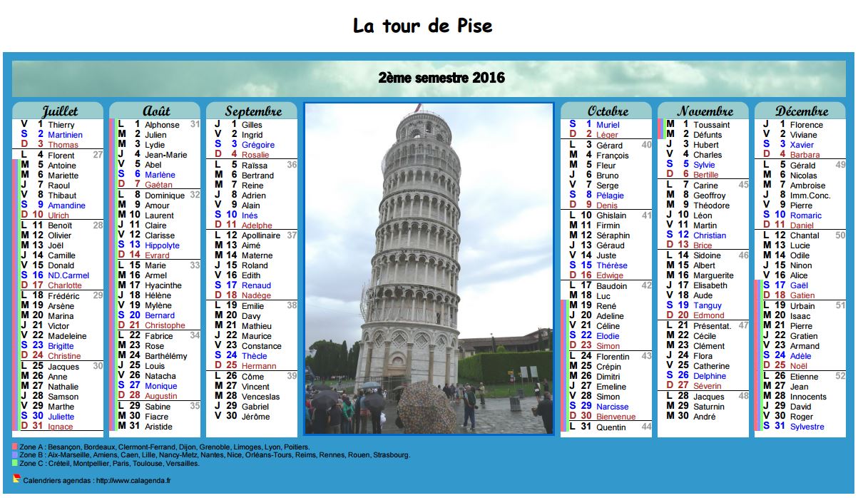 Calendrier 2016 semestriel en colonnes avec photo au centre