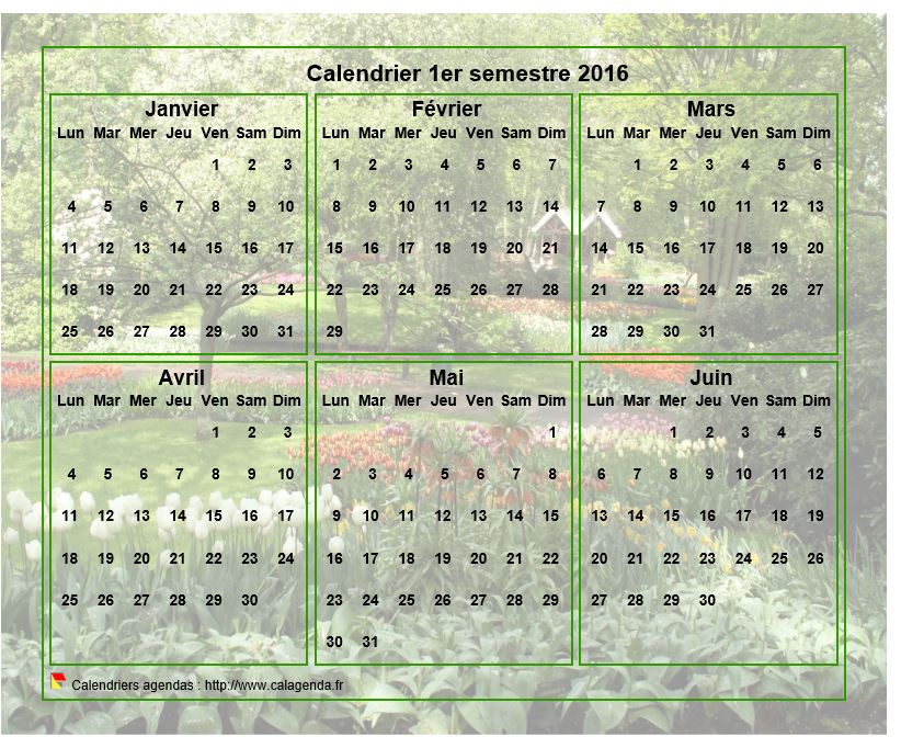 Calendrier 2016 à imprimer semestriel, format paysage, avec photo en fond de calendrier