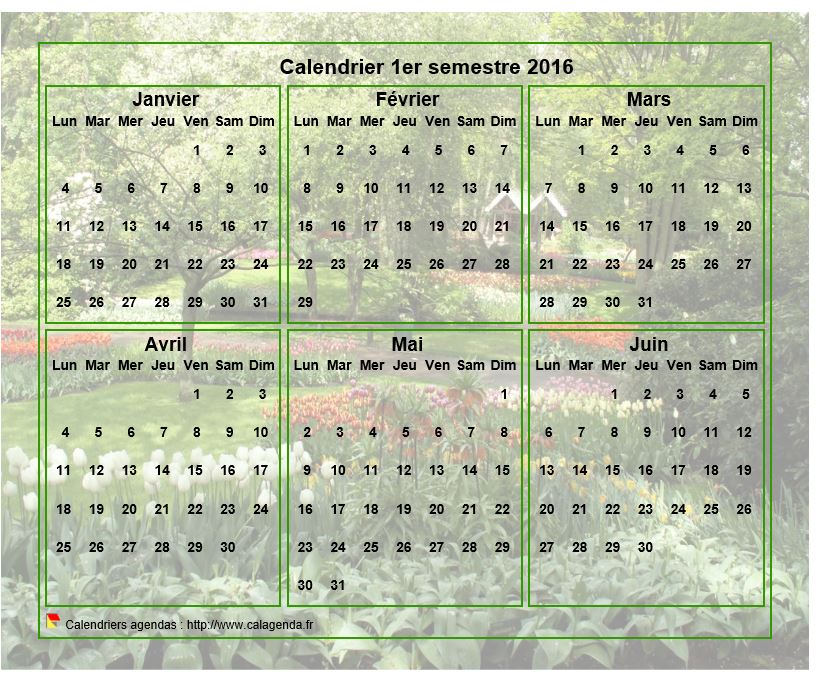 Calendrier 2016 à imprimer semestriel, format paysage, avec photo en fond de calendrier Calendrier 2016 à imprimer semestriel, format paysage, avec photo en fond de calendrier
