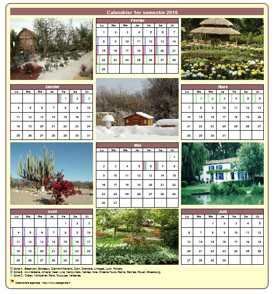 Calendrier 2016 semestriel avec une photo différente chaque mois