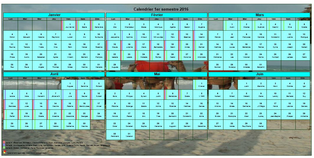 Calendrier 2016 à imprimer semestriel, format paysage, avec photo