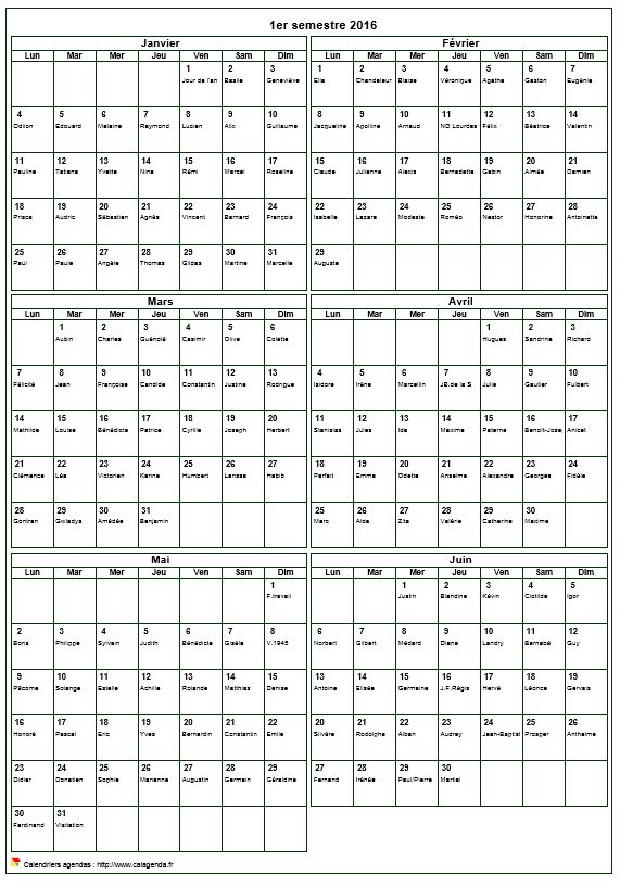 Calendrier 2016 à imprimer semestriel, format portrait, avec les fêtes Calendrier 2016 à imprimer semestriel, format portrait, avec les fêtes