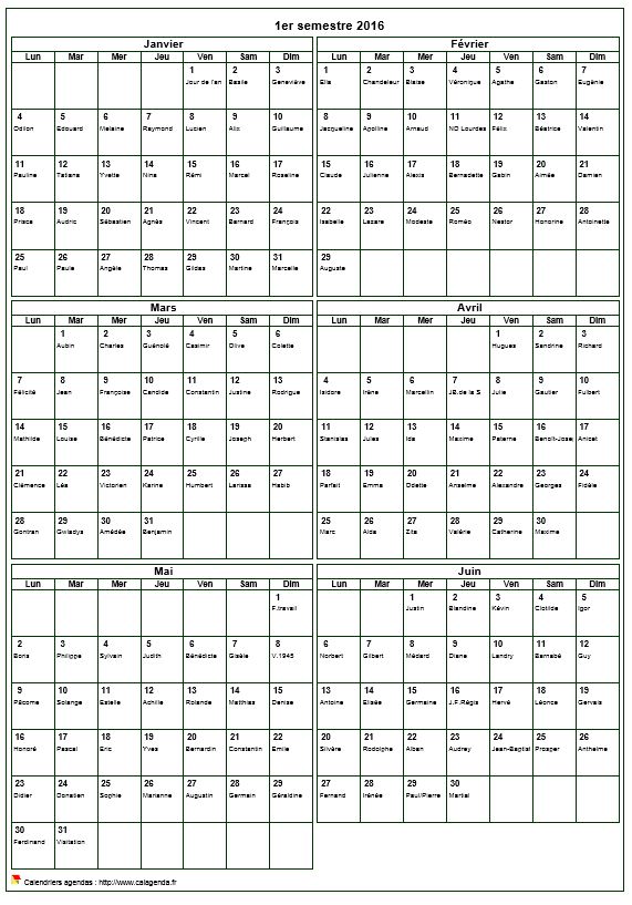 Calendrier 2016 à imprimer semestriel, format portrait, avec les fêtes