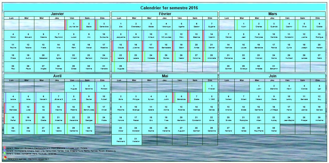 Calendrier 2016 à imprimer semestriel, format portrait, avec photo en fond de calendrier