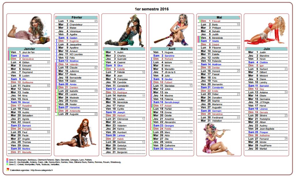 Calendrier 2016 semestriel tubes femmes Calendrier 2016 semestriel tubes femmes